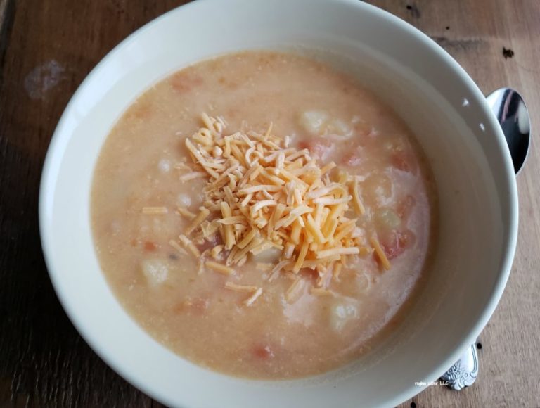 bowl of homemade potato soup made in the slow cooker