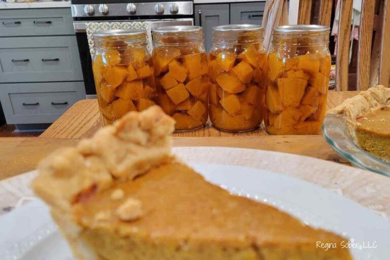 canned sugar pumpkins with slice of pie