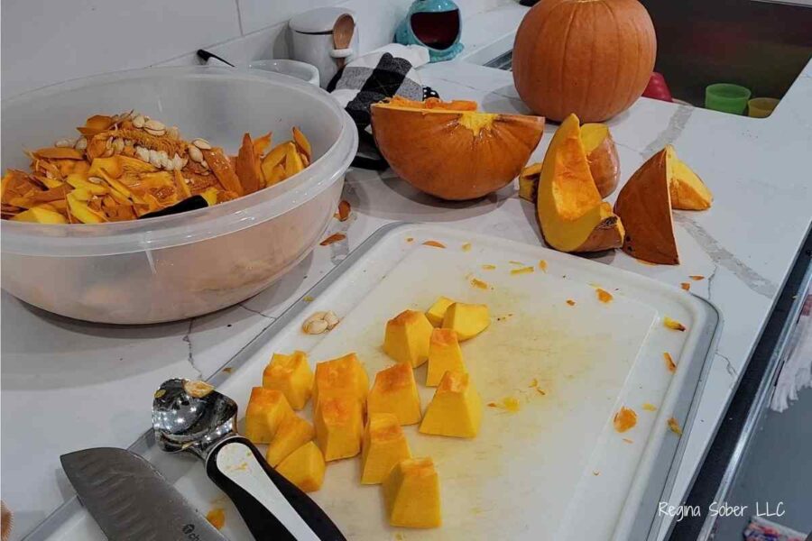 cubed pumpkin on cutting board