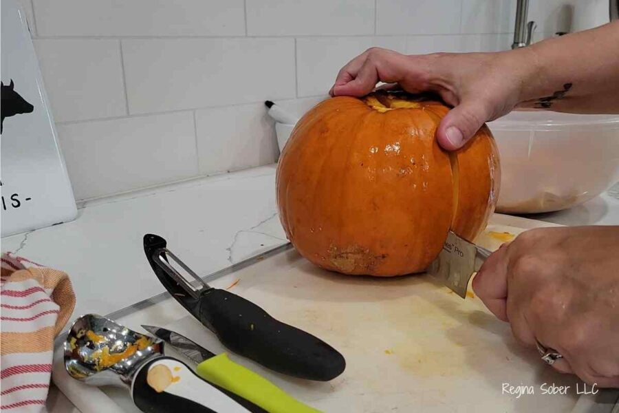 cutting washed pumpkin