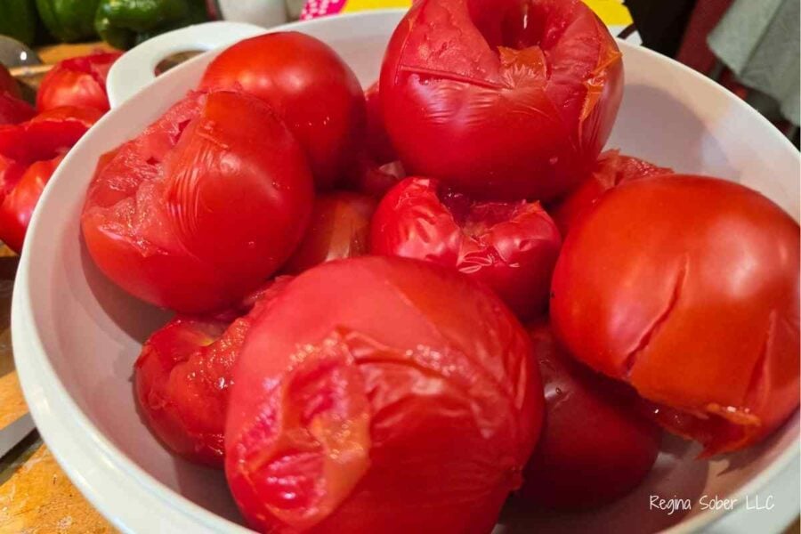 core then blanch tomates for easy removal of skin.
