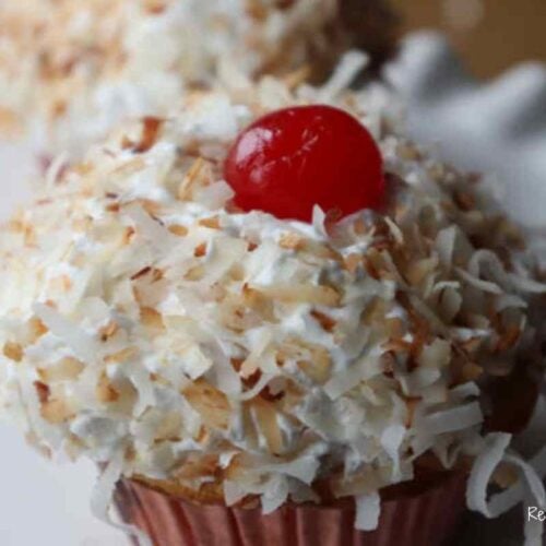 toasted coconut topped cupcake with bananas