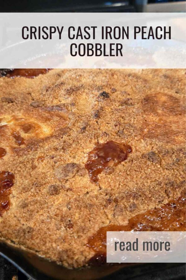 Make this warm and buttery cast iron peach cobbler with fresh, frozen, or canned peaches. Crispy topping, juicy peaches, and perfect for summer dessert nights.