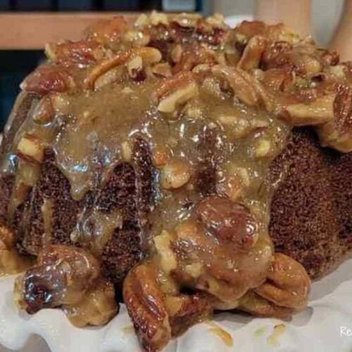 pumpkin bundt cake with pecan caramel sauce