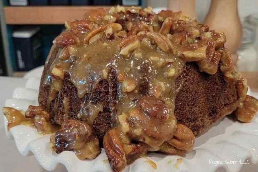 pumpkin bundt cake with pecan caramel sauce