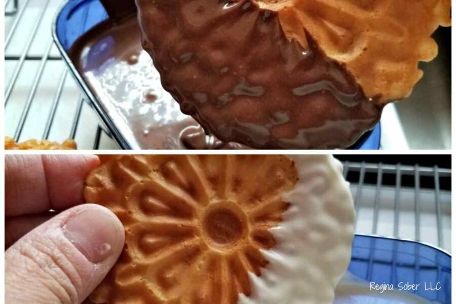 dipping cookies half way into chocolate