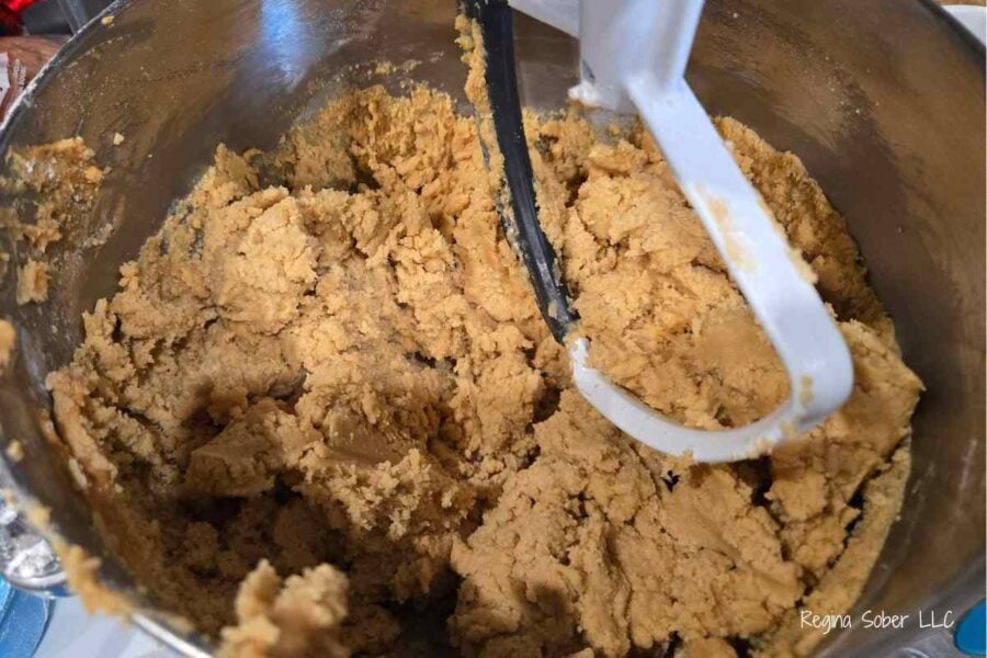 old fashioned peanut butter cookie dough in bowl with blending tool