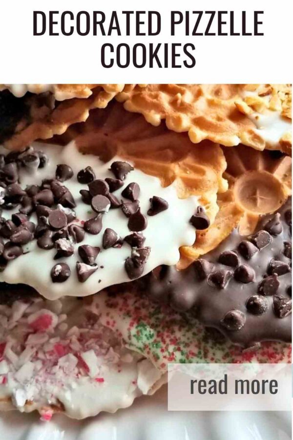 Light, crisp pizzelles dipped in chocolate and topped with sprinkles, nuts, or peppermint. Easy to make and perfect for gifting. 