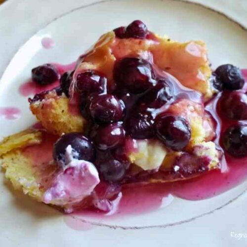 blueberry casserole with blueberry syrup