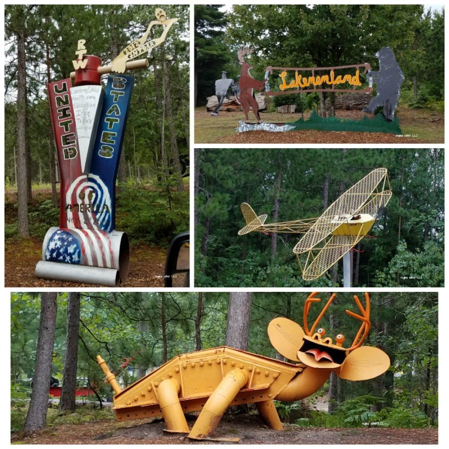 Metal dinosaur sculpture at Lakenenland Sculpture Park in Marquette MI