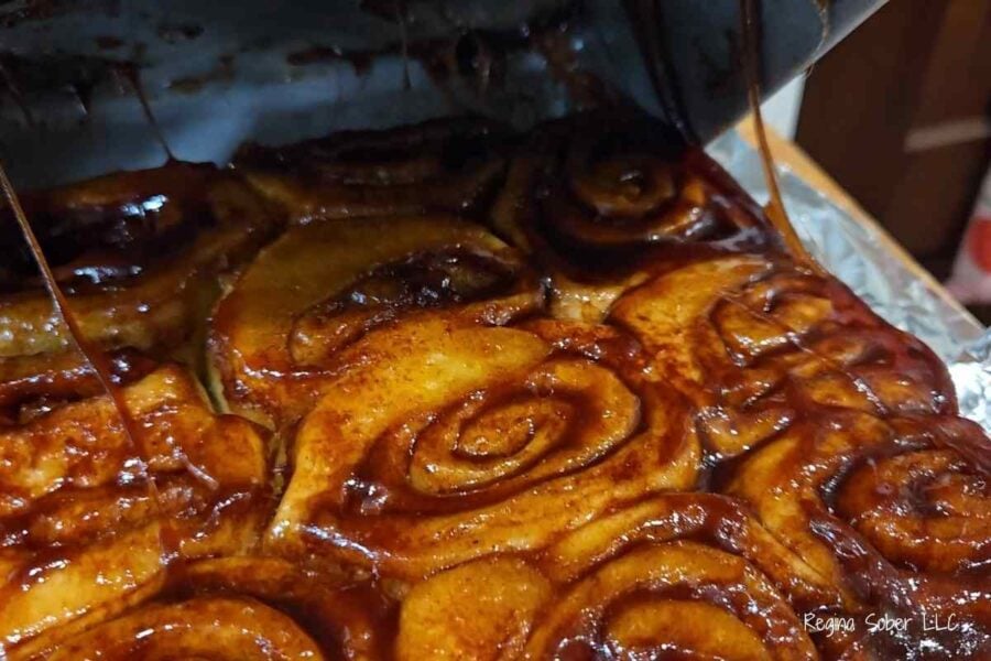 baked flipped cinnamon rolls before frosting