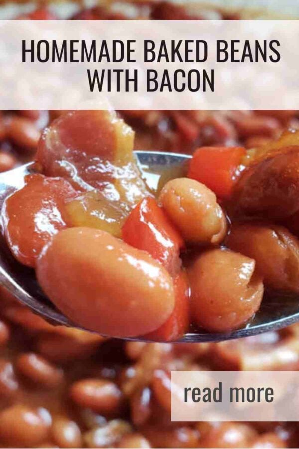 This homemade baked beans recipe is loaded with smoky bacon and a rich sweet-savory sauce. Simple to make with canned beans and always a crowd-pleaser.