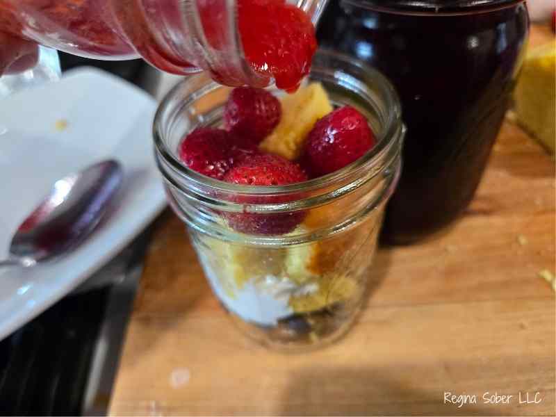 Add additional flavor with strawberry sauce on top of the fresh strawberries
