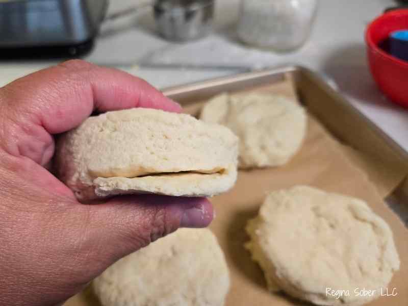 Get the biscuits about 1 to 1 1/2 inches in thickness for flaky tall biscuits. Do not twist. Cut and pull straight up.