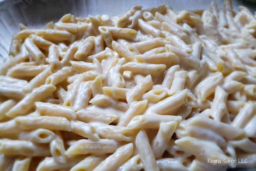 mac cheese penne pasta in 8x8 baking pan
