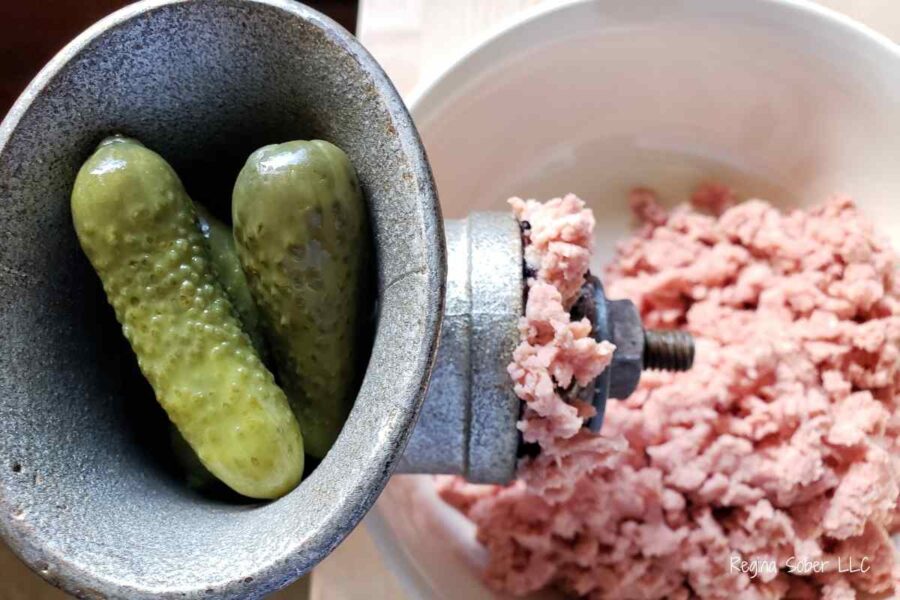 grind pickles second into the mix, then bread to clean the grinder