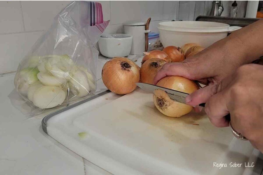 room temperature slice onions on cutting board