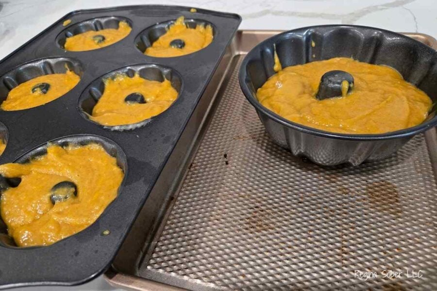 pouring batter into bundt pan