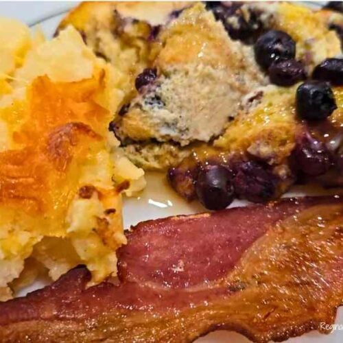 blueberry bake casserole placed with hashbrown casserole and bacon