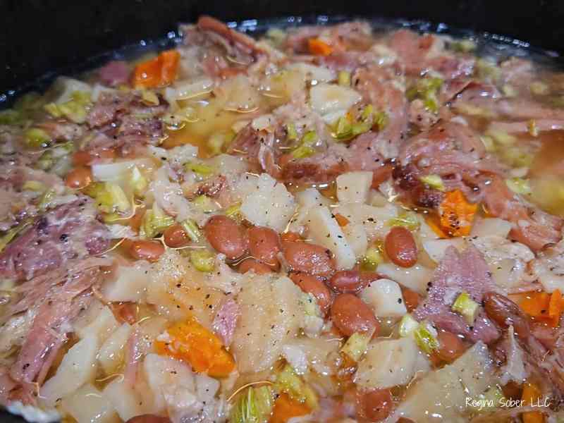carrots, celery, beans, potatoes in ham bean soup